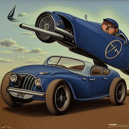 Image similar to a hyperrealistic painting of a steampunk sports car, blue skies, by john kenn mortensen, highly detailed,