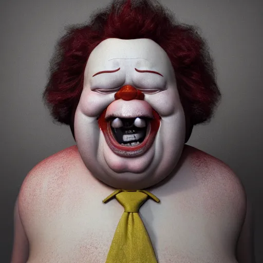 Image similar to hyperrealistic dslr film still of grotesquely morbidly obese ronald mcdonald, stunning 8 k octane comprehensive 3 d render, inspired by istvan sandorfi & greg rutkowski & unreal engine, perfect symmetry, dim volumetric cinematic lighting, extremely hyper - detailed, extremely lifelike attributes & lifelike texture, intricate, masterpiece, artstation, stunning