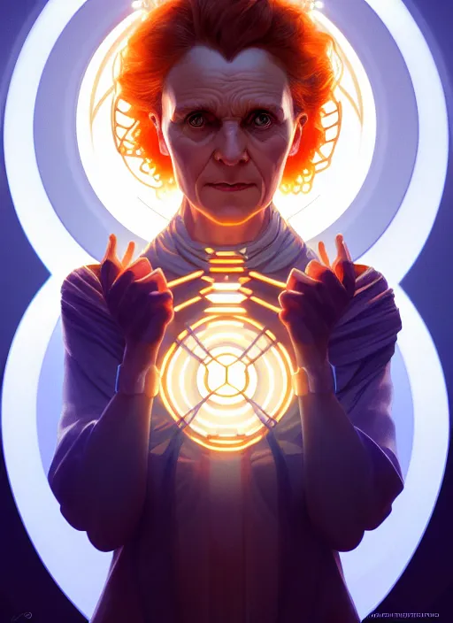 Image similar to symmetry!! portrait of marie curie female, sci - fi, glowing lights!! intricate, elegant, highly detailed, digital painting, artstation, concept art, smooth, sharp focus, illustration, art by artgerm and greg rutkowski and alphonse mucha, 8 k