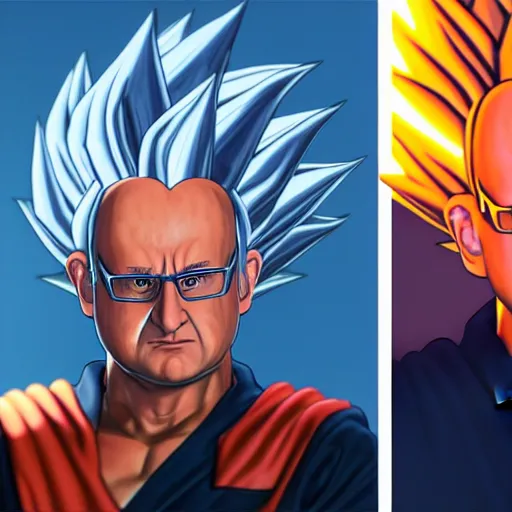 Image similar to François hollande with super saiyan hair charging up for a kamehameha, artstation, octane render, highly detailed