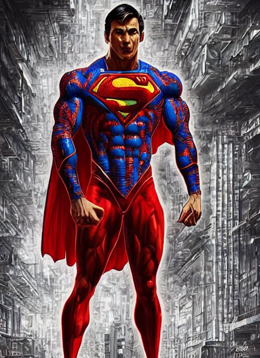 Prompt: portrait of crossfit bodybuilder fitness sprinter superman!, futuristic detailed ornate cyberpunk costume!, red and black costume!!!, pale skin!, no logo!!!, painted art by tsuyoshi nagano, greg rutkowski, artgerm, alphonse mucha, spike painting