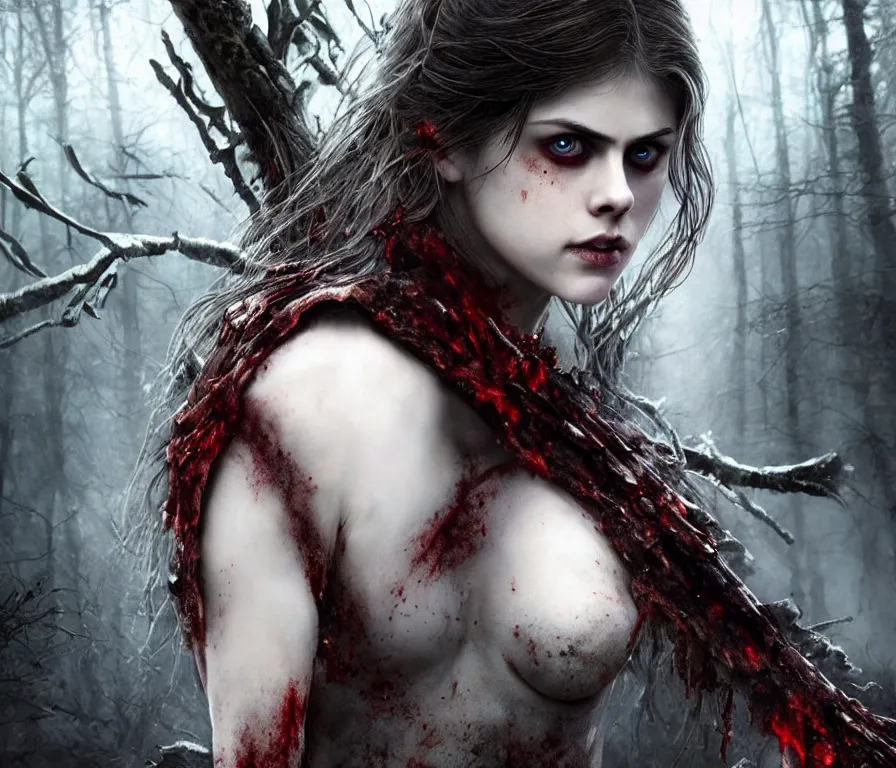 Prompt: photo of a gorgeous nordic female, covered in blood, in dark forest, alexandra daddario face!, realistic, sharp focus, hdr, 8 k, high definition, insanely detailed, intricate, elegant, art by stanley lau and artgerm, luis royo, greg kutkowski
