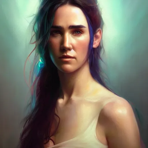 Image similar to jennifer connelly, colorful oil painting by greg rutkowski, charlie bowater, yuumei, yanjun cheng, unreal 5, daz, hyperrealistic, octane render, rpg portrait, dynamic lighting, fantasy art, beautiful face