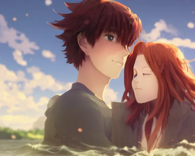 Image similar to one boy and one girl with long flowing auburn hair sitting together in a one single boat. Atmospheric lighting, long shot, romantic, boy and girl are the focus, trees, blue water. Anime. By Makoto Shinkai, Stanley Artgerm Lau, WLOP, Rossdraws, James Jean, Andrei Riabovitchev, Marc Simonetti, krenz cushart, Sakimichan, D&D trending on ArtStation, digital art.