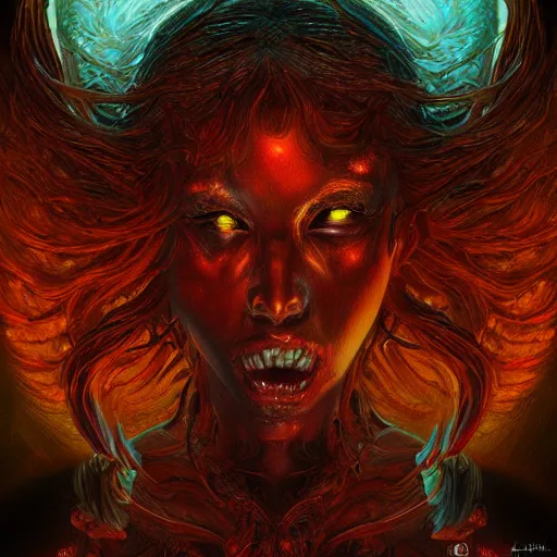 Image similar to Photorealistic demon goddess in the style of Michael Whelan and Gustave Dore. Hyperdetailed photorealism, 108 megapixels, amazing depth, glowing rich colors, powerful imagery, psychedelic Overtones, 3D finalrender, 3d shading, cinematic lighting, symmetry, artstation concept art