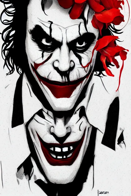 Image similar to joaquin phoenix joker issues 1, sadness, flame, red flower, copyright by dc comic, book cover, justify content center, delete duplicate content!, violet polsangi pop art, gta chinatown wars art style, bioshock infinite art style, incrinate, realistic anatomy, hyperrealistic, 2 color, white frame, content balance proportion