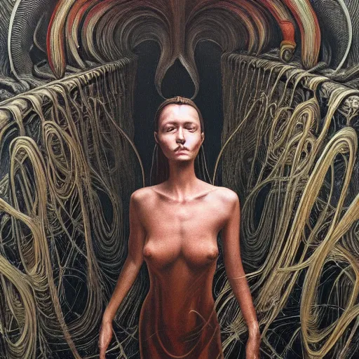 Prompt: a woman sees herself in the after life from the reflection of a mirror she is looking at by jacek yerka, alex gray, zdzisław beksiński, dariusz zawadzki, jeffrey smith and h.r. giger, oil on canvas, 8k highly professionally detailed, trending on artstation