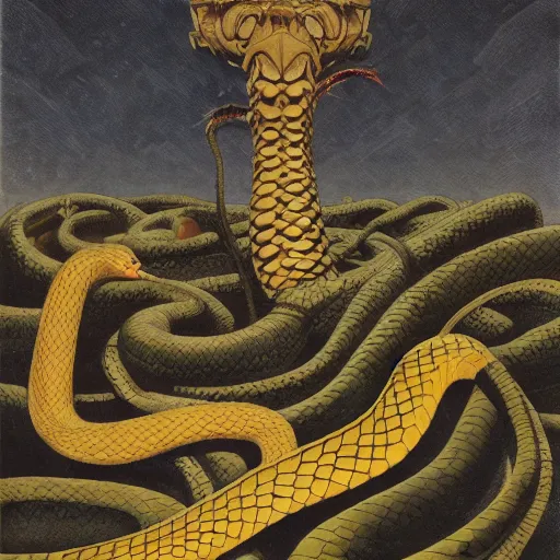 Prompt: demiurge serpent serpent python wearing a lion costume furry ears neck neck tall long viper tombow peter doig greg rutkowski giorgio de chirico arsen savadov dan witz vik muniz