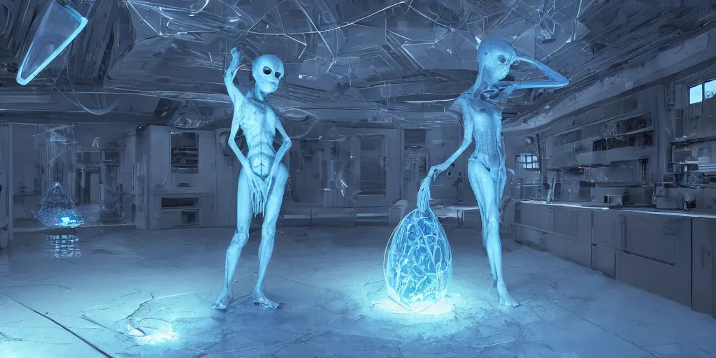 Prompt: an alien trapped in a blue crystal in a abandoned lab, hyperrealistic, cgsociety, path traced, highly detailed, high quality, 8 k, dramatic lighting, cinematic, high coherence, anatomically correct, trending on artstation, midjourney style, epic scene, concept art, octane render, unreal engine 5, digital art, geometric