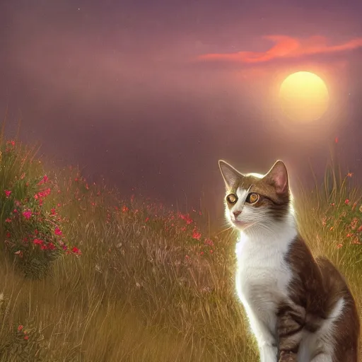 Image similar to cinematic shot of a stray cat who is brown standing on a hill looking to the horizon sunset stars digital painting, artstation, concept art, soft light, hdri, smooth, sharp focus, illustration, fantasy, intricate, elegant, highly detailed, D&D, matte painting, in the style of Greg Rutkowski and Alphonse Mucha and artemisia, 8k, highly detailed, jurgens, rutkowski, bouguereau, pastoral, rustic, georgic