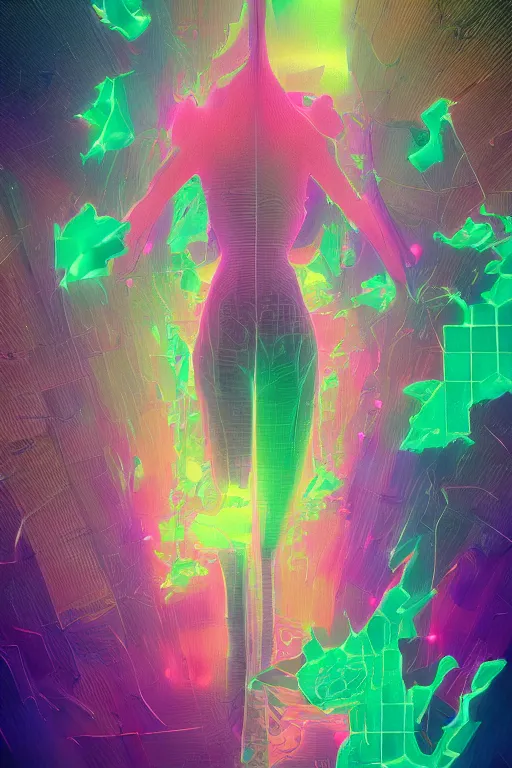 Image similar to an incredible digital art painting of a synapse, beeple and jean giraud, conceptual, abstract, symmetrical geometrical shapes, cinema 4 d, octane render, vaporwave pallette