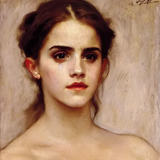 Image similar to portrait painting of emma watson, by john singer sargent, ilya repin, bouguereau, carolus - duran, elegant, 1 9 th - century, old masters, award winning, louvre collection, museum collection, realistic face, detailed