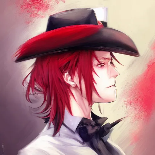 Image similar to semi realistic anime illustration of black top hat wearing red haired man, with beautiful hyperdetailed eyes, facing camera directly, full face portrait made by Stanley Artgerm, WLOP, Rossdraws, James Jean Andrei Riabovitchev, Marc Simonetti, Yoshitaka Amano, Artstation