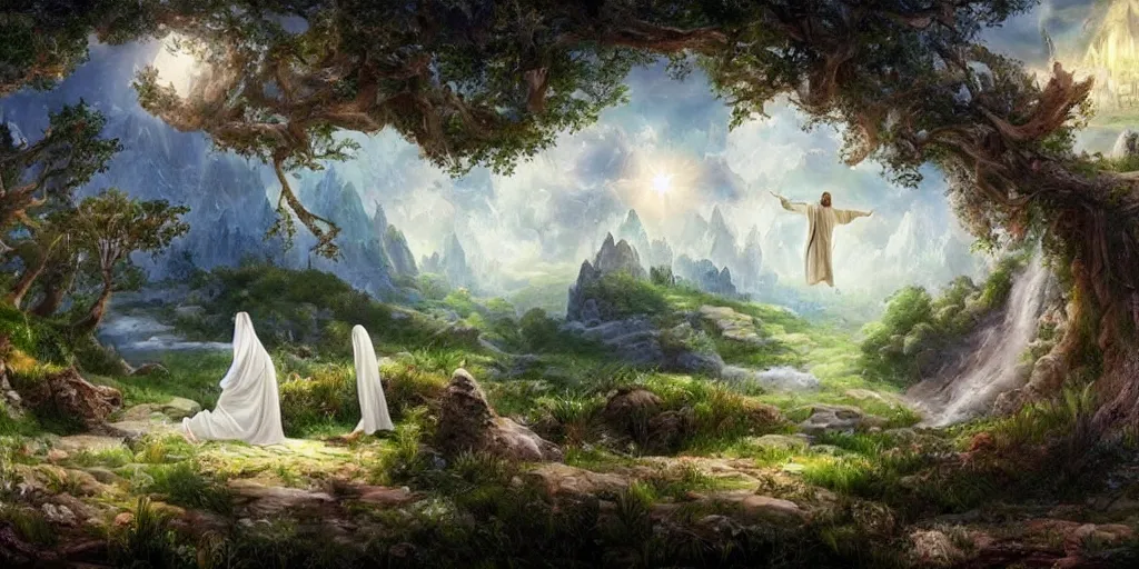 Prompt: a fantasy landscape with white beautiful trees and jesus in heaven, perfect faces