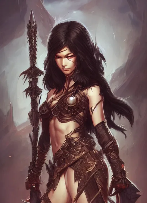 Image similar to beautiful warrior lady, black long hair, practical armor, brown skin, demonic eyes, low fantasy, extremely detailed, sharp focus, smooth, digital illustration, by rossdraws, frank franzzeta, sakimichan