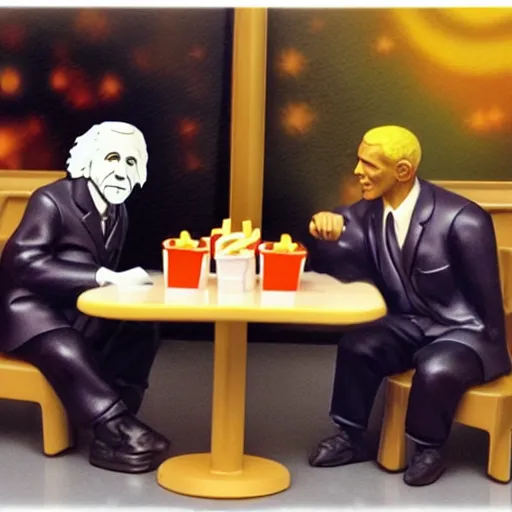 Image similar to Einstein and Obama sitting at McDonalds, ultra detailed, photorealistic, dramatic lighting