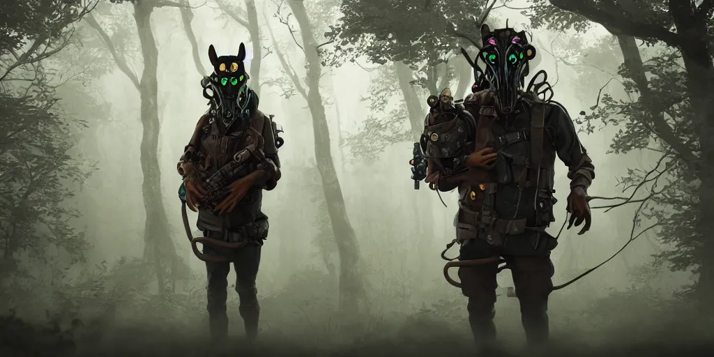 Image similar to a beautifully strange image of a gamekeeper wearing a dieselpunk mechanical fluorescent mystical animal mask. walking in the misty, dangerous river. in style of fornite game. award winning. dramatic. trending on artstation. high quality. rendered by beeple, by makoto shinkai, syd meade, digital art, unreal engine 5, fornite game. octane render