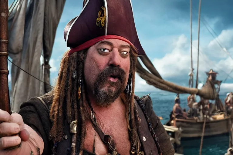 Image similar to promotional image of Homer Simpson as a pirate in the new Pirates of the Carribean movie, realistic, detailed face, movie still frame, promotional image, imax 70 mm footage