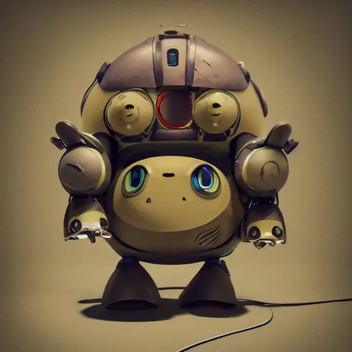 Image similar to a small chubby bot, smooth panelling, one large gold eye intricate detail, style of pokemon, with damaged rusty arms, broken antenna, recycled, floating, white studio, oil, mechanical, toy, ambient light, in the style of pokedstudios, belnder, octane render, 8 k,