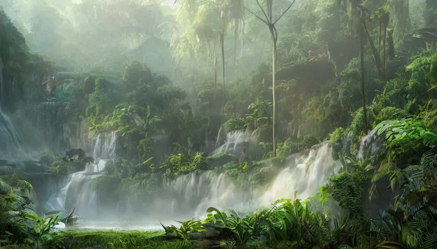 Image similar to abandoned zoo covered by vegeration in the heart of the jungle, sunny morning, mountains and waterfalls, light fog, hyperdetailed, artstation, cgsociety, 8 k