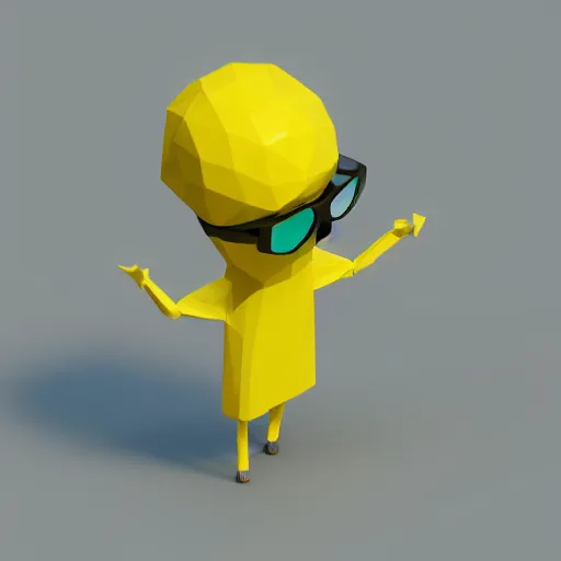 Prompt: low polygon render of a lemon character with arms and legs wearing mint green sunglasses on a white background, isometric 3 d, ultra hd, vibrant, straight on angle