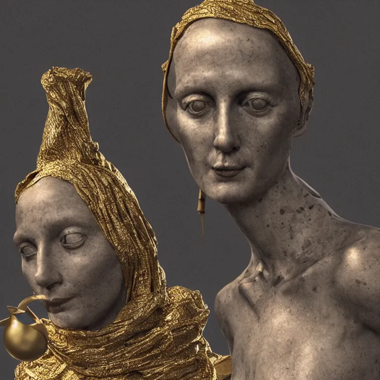 Prompt: octane render portrait by wayne barlow and carlo crivelli and glenn fabry and salvador dali and wes anderson, a screaming black marble statue of a roman woman covered in a gold shiny fishing net inside a european museum, cinema 4 d, ray traced lighting, very short depth of field, bokeh