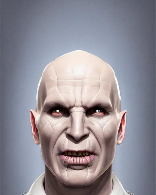 Image similar to portrait of lord voldemort, a 4 0 - year - old bald man, with a white complexion, wide, cat - like scarlet eyes, without nose, and a thin mouth, hyper realistic face, beautiful eyes, character art, art by mark brooks, hyperdetailed, cryengine, trending on artstation, digital art