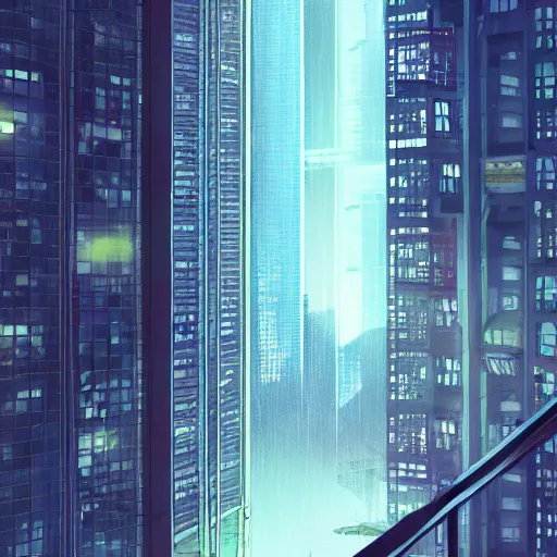 Prompt: looking outside through the glass wall of a penthouse suite at the top of the highest skyscraper in the middle of a cyberpunk city at night in rain, very detailed, beeple, trending on artstation