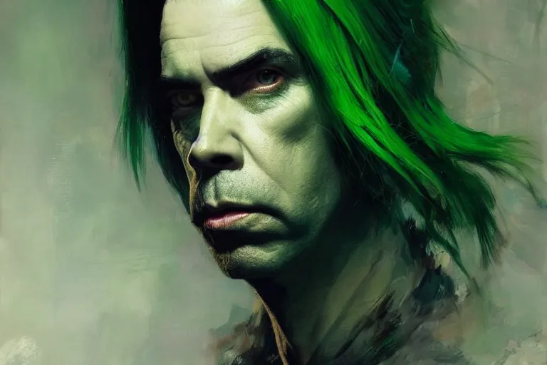 Prompt: a portrait of nick cave with green hair, masterpiece, dramatic lighting, stunning painting by ruan jia, jakub rebelka and artgerm