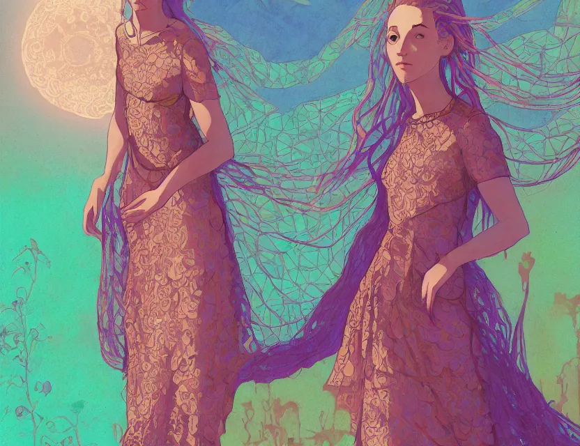 Image similar to girl in a lace dress in solarpunk atlantis. complementary colors, gouache, indie concept art, bloom, chiaroscuro, backlighting, intricate details.