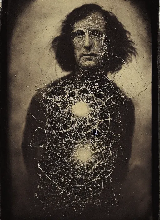 Image similar to old wetplate daguerreotype portrait of saul goodman, explosion of data fragments, fractal, intricate, elegant, highly detailed, parallax, medium format, subsurface scattering, by jheronimus bosch and greg rutkowski and louis jacques mande daguerre