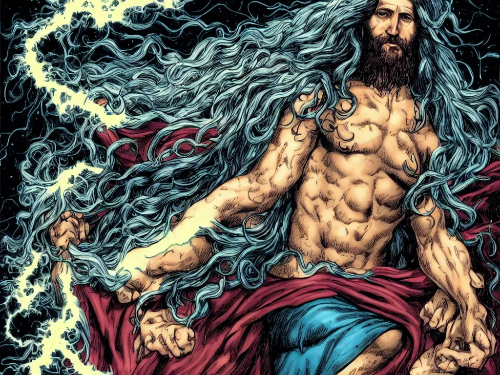 Prompt: jesus christ as a superhero with long hair and white eyes floating above the water shooting lightning out of his hands, drawn by alan moore, graphic novel, symmetrical, frontal, full body shot,