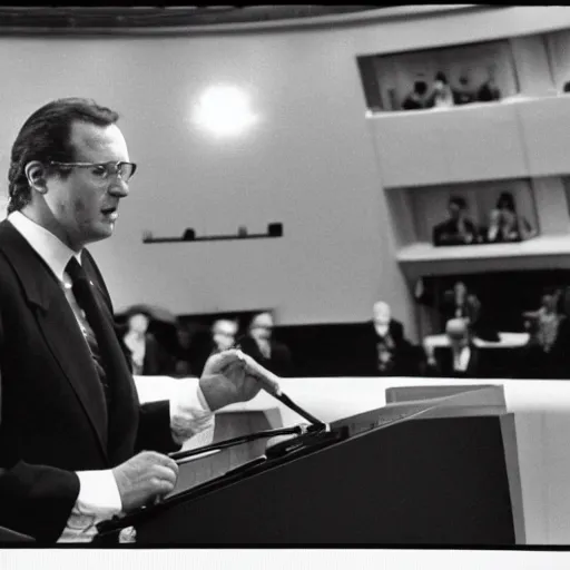 Prompt: 1990s Hi-8 footage of Napoleon speaking to the United Nations, candid portrait photograph, 40mm