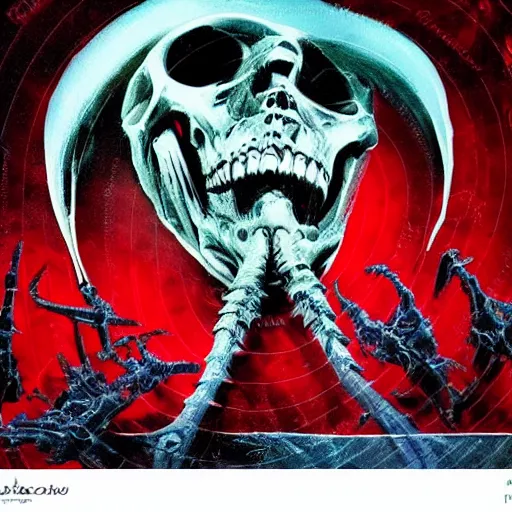 Image similar to alien skull and skeletons in darkness cosmic horror scifi cover style menacing scary uncanny eerie style heavy brushstrokes dramatix album cover red