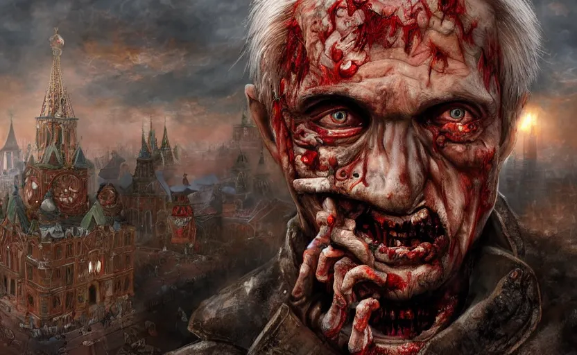 Image similar to zombie Putin on Red Square, close up portrait, fantasy, intricate, сinematic lighting, insanely detailed, smooth, sharp focus, Artstation, 8k, unreal engine, hyper realistic, steampunk style, bright background, moonlight, volumetric lighting, wallpaper, digital illustration by Ruan Jia and Mandy Jurgens and Artgerm and Wayne Barlowe and Greg Rutkowski and Zdislav Beksinski