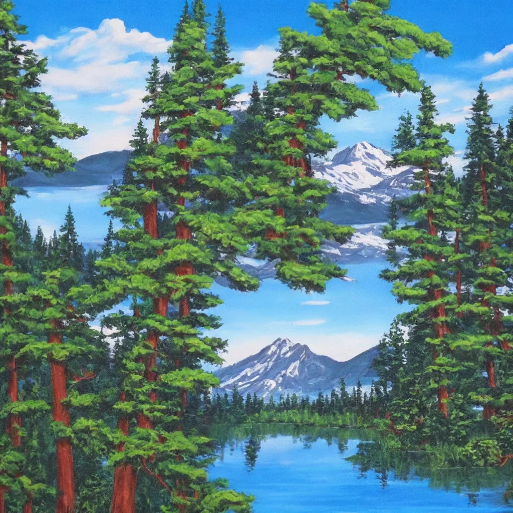 Prompt: a lake surrounded by pine trees with mountains in the background painted by Bob Ross