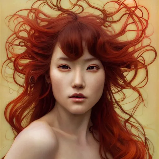 Image similar to portrait of Asuka Soryu with red long wavy hair drawn by Donato Giancola and Tom Bagshaw and Julie Bell, face by Artgerm, overall design by Alphonse Mucha, background by James Jean and Gustav Klimt, 4k, porcelain skin, komorebi, french nouveau, trending on artstation, octane render, hyperrealistic