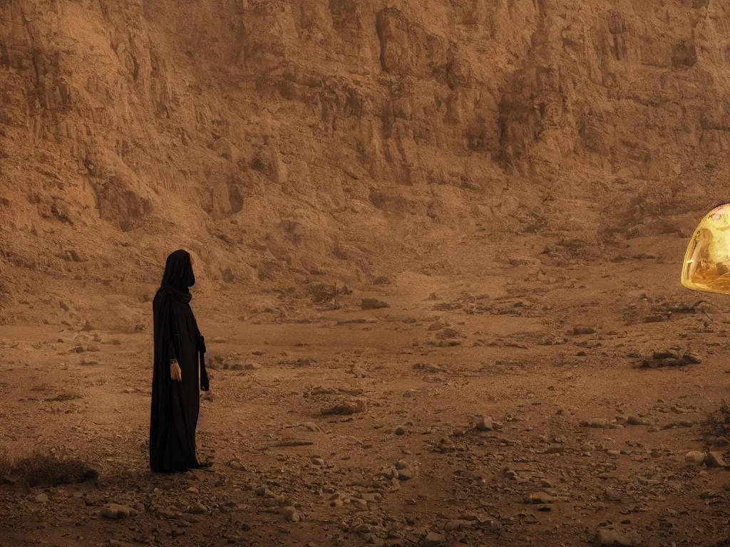 Prompt: levitating glowing bene gesserit in full - face golden mask in a dry rocky desert landscape, sunny atmosphere, fata morgana giant mirrors, portal, death stranding, abandoned city, spaceship in the sky by christopher doyle and alejandro jodorowsky, anamorphic lens, kodakchrome, cinematic composition, very detailed photo, complex structures, 8 k,