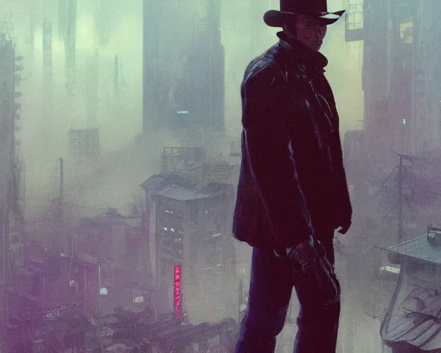 Image similar to 2 0 1 8 blade runner movie still young clint eastwood western look at the cityscape from roof perfect face fine realistic face pretty face reflective polymer suit tight neon puffy jacket blue futuristic sci - fi elegant by denis villeneuve tom anders zorn hans dragan bibin thoma greg rutkowski ismail inceoglu illustrated sand storm alphonse mucha