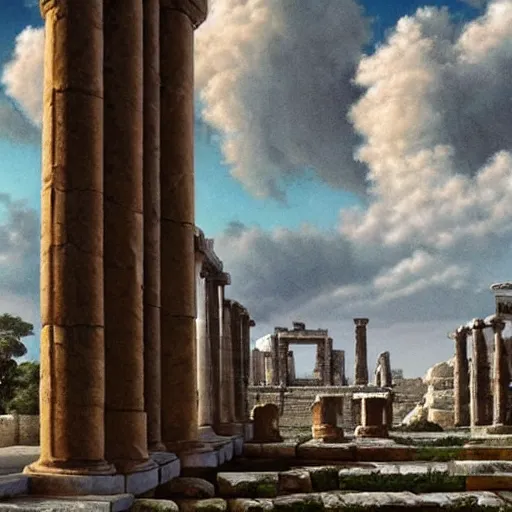 Image similar to young ancient greek godess in helmet, giant gray-haired bearded male head in background, ancient greek temple in background, by David Ligare, wide angle scifi landscape, hyperrealistic surrealism, award winning masterpiece with incredible details, epic stunning, infinity pool, a surreal vaporwave liminal space, highly detailed, trending on ArtStation, artgerm and greg rutkowski and alphonse mucha, daily deviation, IAMAG, broken giant marble head statue ruins, golden hour