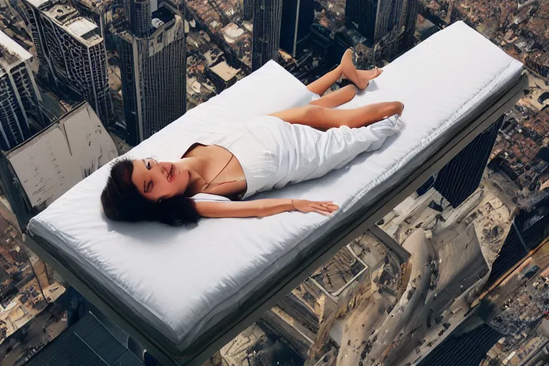 Prompt: a woman laying down on a flying mattress, she is looking down on the buildings far below her, uhd, 8 k, dreamy, photo, hyper detailed, photorealistic, trending on artstation.