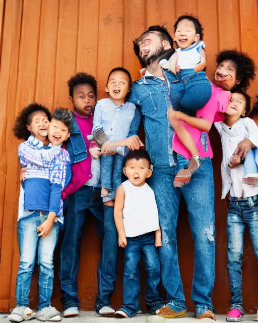 Image similar to a man with five children protecting a jeans and screaming