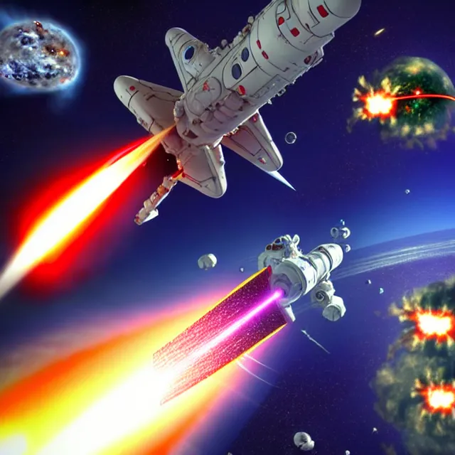 Prompt: a photo the last battleship attacks the planet killer superweapon in space, explosions, lasers, photorealistic, chuckcheese render by tomino - sama