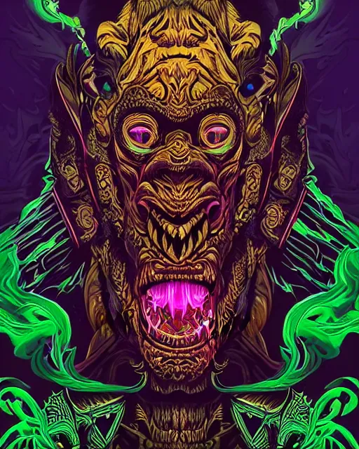 Prompt: barong family member, wiwek, mara demon, music, smoke from eyes, background red smoke with purple lightning, one single tribe member, jungle, one single mask, dark, ancient warrior, gorilla, lizard, inner glow, art by dan mumford and justin gerard