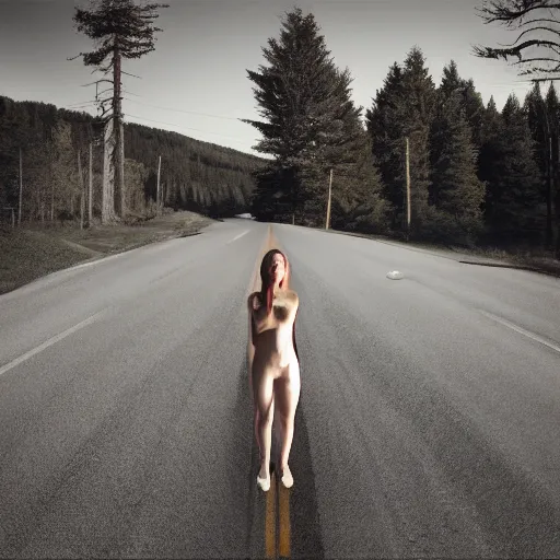 Image similar to a woman standing in the middle of a road, an album cover by Gregory Crewdson, trending on deviantart, environmental art, creative commons attribution, photo, demonic photograph