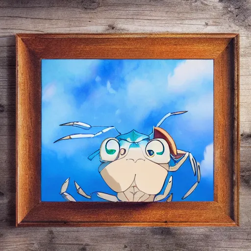Image similar to A portrait of a crab, in the style of Studio Ghibli, 4k, fantasy, D&D, traditional art, highly detailed, full body shot, shallow depth of field, bokeh, professional lighting