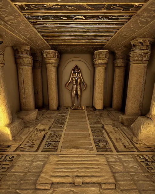 Prompt: an ornate and royal egyptian antechamber tomb, unreal engine, hyper realism, realistic shading, cinematic composition, blender render, octane render, hdr, detailed textures, photorealistic, ultrawide shot, 3 5 mm film