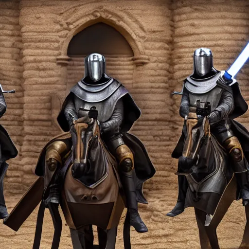 Image similar to Knights Templar with Jedi Swords Riding on Horses, DSLR, Depth of Field, Gamma, 4k, hd, detailed, cinematic