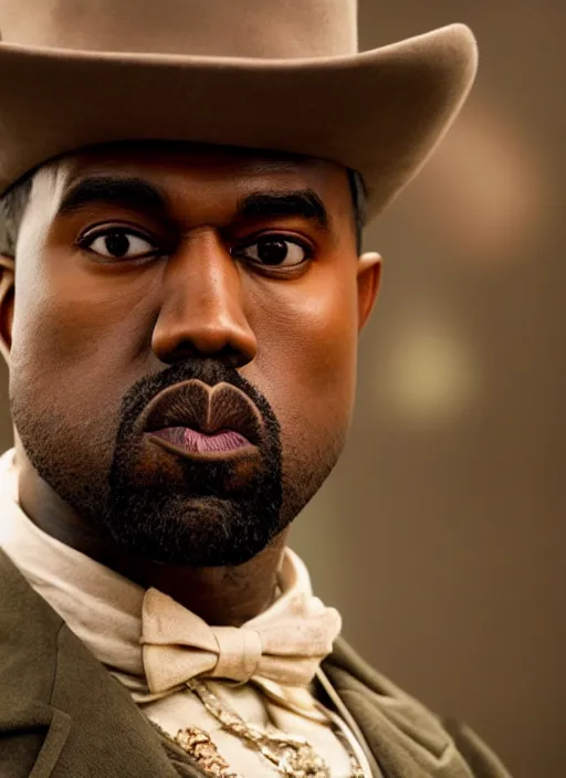 Image similar to portrait kanye west as willy wonka in django unchained, splash art, movie still, cinematic lighting, long lens, shallow depth of field, bokeh, anamorphic lens flare, 8 k, hyper detailed, 3 5 mm film grain