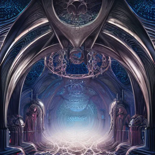 Image similar to a quantum computer, a dark cabal of multiple hooded elven mystics in long robes gathered in a circular formation around a quantum computer, highly advanced technology, dan seagrave, michael whelan art, beautifully detailed epic scifi fantasy art, symmetrical, cgsociety, artstation